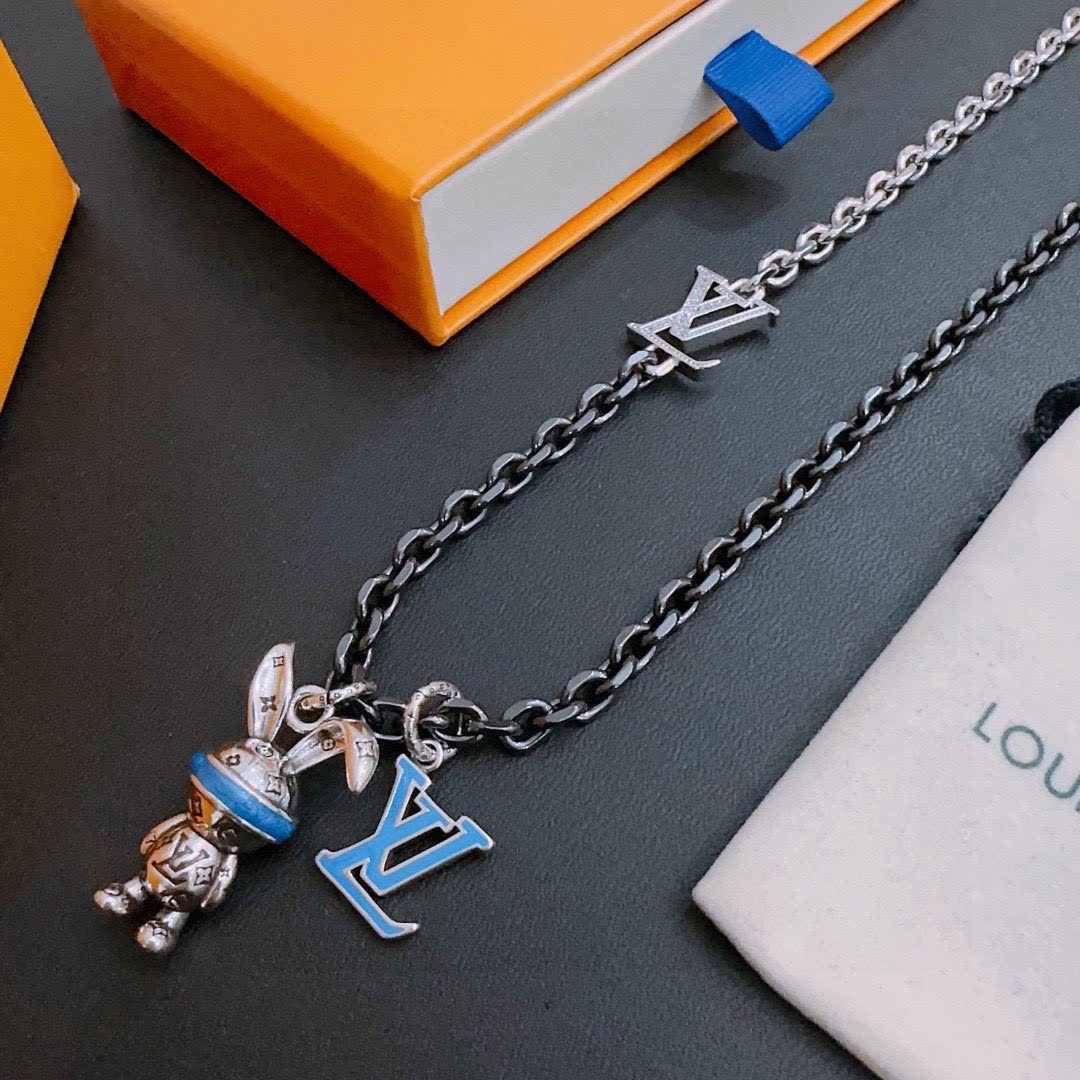 Louis Vuitton Silver Chain Necklace with LV Logo and Bunny Charm